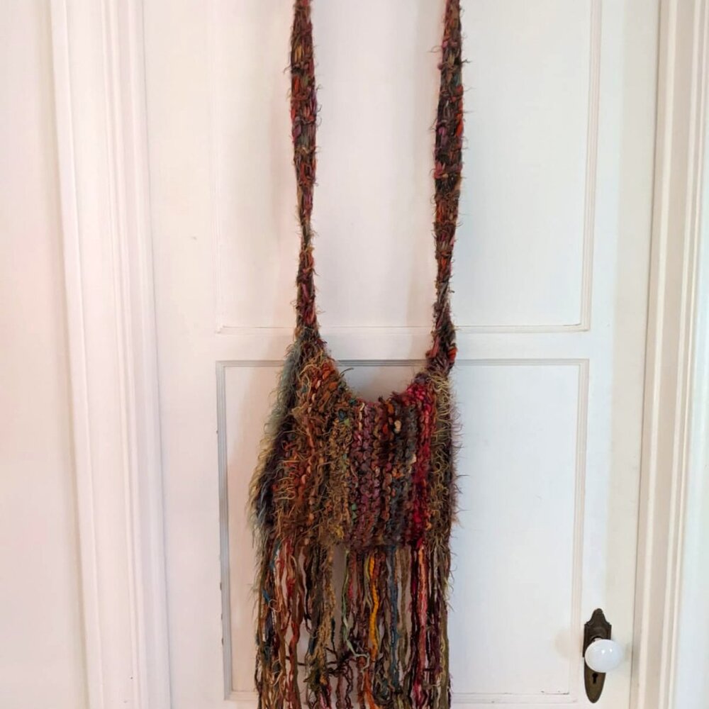 HANDMADE Bohemian Hippie Knit Crossbody Messenger-Style Fringed Bag